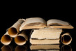 Many ancient scrolls and old books