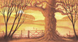 Countryside tree scene with fox and rabbits