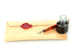 ink pen, inkwell and old letter isolated on white.