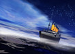 Titanic ship sailing on the night ocean with fog rising
