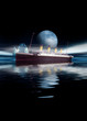 Titanic ship sailing at night with moon and iceberg