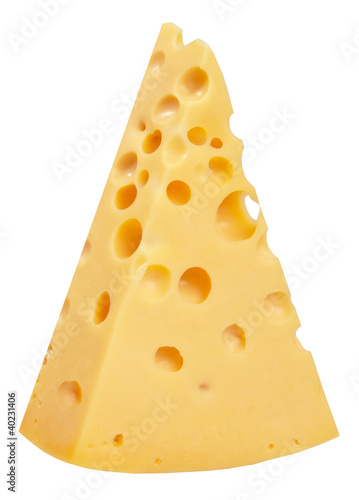 Photo: The perfect piece of swiss cheese isolated on white background w The perfect piece of swiss cheese isolated on white background w