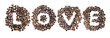 Coffe beans used to spell the word love