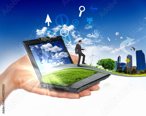 Illustration: human hand holding notebook and nature landscape human hand holding notebook and nature landscape
