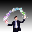 Business man juggling with numbers and symbols Business man juggling with numbers and symbols