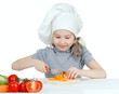 Chef girl preparing healthy food. Helper rat are sitting on her