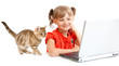 smiling schoolgirl sitting at notebook with kitten smiling schoolgirl sitting at notebook with kitten