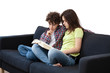 Girl and boy reading book on white background Girl and boy reading book on white background