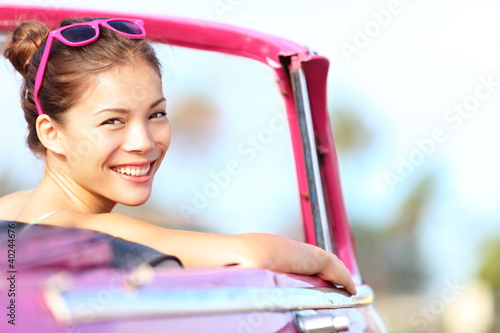Photo: Car woman happy in vintage car Car woman happy in vintage car