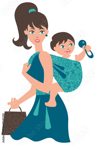 Vector: Active mother with baby in a sling Active mother with baby in a sling