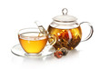 exotic green tea with flowers in glass teapot and cup isolated