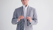 Businessman adjusting his tie