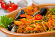 rice with seafood close up in a dish