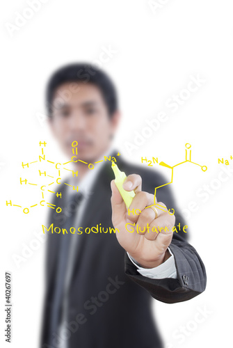 Illustration: Teacher writing scientific formula on the whiteboard. Teacher writing scientific formula on the whiteboard.