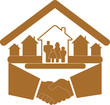 sign with handshake and family in house