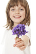 happy little girl giving a bouquet of violets