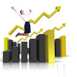 Young woman jumping against financial charts Young woman jumping against financial charts