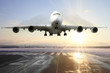Passenger airplane landing on runway in airport. Evening