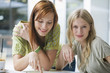Photo: Young women at cafe, smiling Young women at cafe, smiling