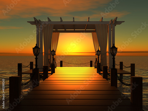 Illustration: wedding gazebo on the wooden pier into the sea at sunset wedding gazebo on the wooden pier into the sea at sunset