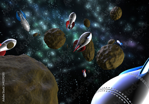 Illustration: flying space rockets in space flying space rockets in space