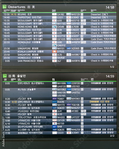Photo: 羽田空港国際線の時刻表 羽田空港国際線の時刻表