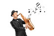 A man playing on saxophone and notes coming out A man playing on saxophone and notes coming out