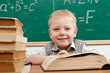 Cheerful smiling  little boy sitting at the table.