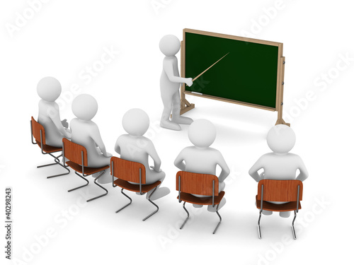 Illustration: teacher with pointer at blackboard. Isolated 3D image teacher with pointer at blackboard. Isolated 3D image