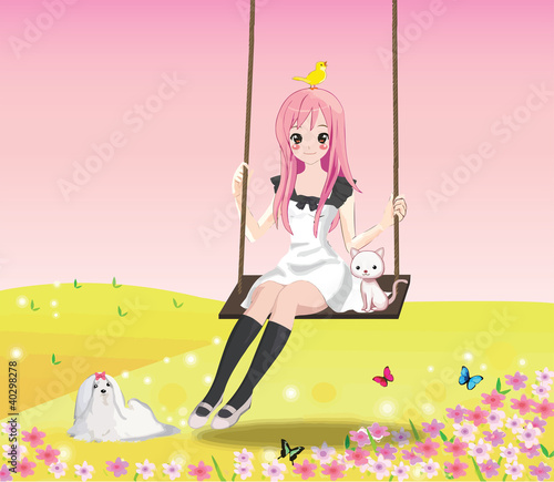 Cute girl on the swing pink BG 