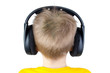 Little kid with headphones, isolated on white