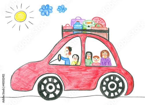 Illustration: Child's drawing happy family on the holiday car trip Child's drawing happy family on the holiday car trip
