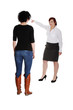Businesswoman giving reprimand to worker. Businesswoman giving reprimand to worker.