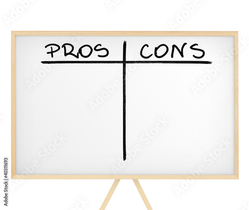 Photo: Pros and cons table on white presentation board Pros and cons table on white presentation board