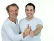 Father and his son have fun showing thumbs up