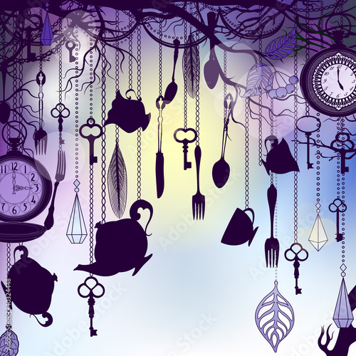 Vector: Vintage background with tea cups and clocks in dusk Vintage background with tea cups and clocks in dusk