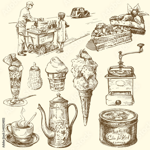 Vector: coffee, ice cream, confectionery - hand drawn collection coffee, ice cream, confectionery - hand drawn collection