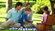 Video: Happy family sitting on a blanket during a picnic Happy family sitting on a blanket during a picnic