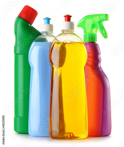 Photo: Detergent bottles isolated on white Detergent bottles isolated on white