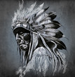 Illustrazione: Tattoo art, portrait of american indian head over dark backgroun Tattoo art, portrait of american indian head over dark backgroun
