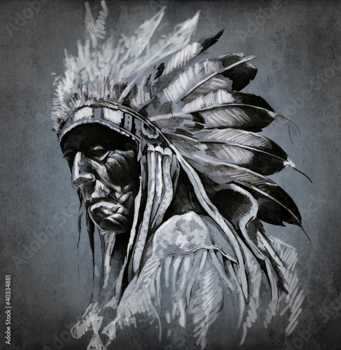 Illustration: Tattoo art, portrait of american indian head over dark backgroun Tattoo art, portrait of american indian head over dark backgroun