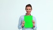 Smiling businesswoman holding a sign