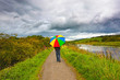 A man walking in the rain along Forth and Clyde Canal, Scotland A man walking in the rain along Forth and Clyde Canal, Scotland