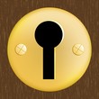 Door keyhole of golden metal on dark wooden door