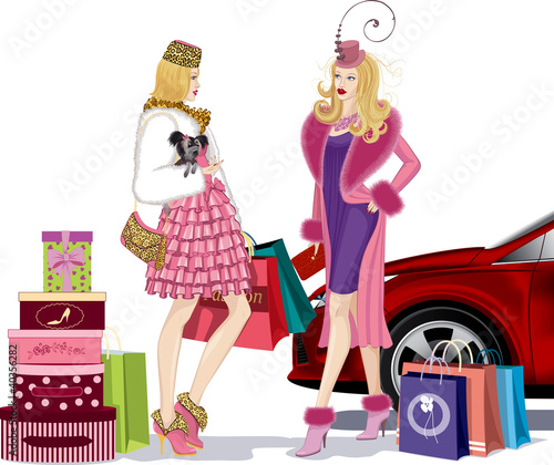 Vector: Two nicely dressed girls talking after successful shopping Two nicely dressed girls talking after successful shopping