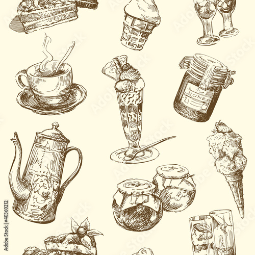 Vector: sweets, coffee, ice cream - seamless pattern sweets, coffee, ice cream - seamless pattern
