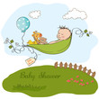 little boy sleeping in a pea been, baby announcement card