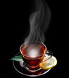Cup of tea black background, space for text Cup of tea black background, space for text