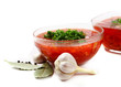 borsch in glass dish. Isolated over white. Shallow DOF