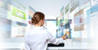 Illustration: Businesswoman working with virtual digital screens Businesswoman working with virtual digital screens